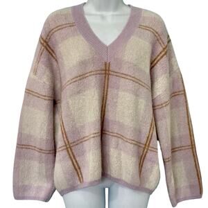 Rails Lilac Purple Brown Cream Colleen Plaid V-Neck Oversize Knit Sweater size M